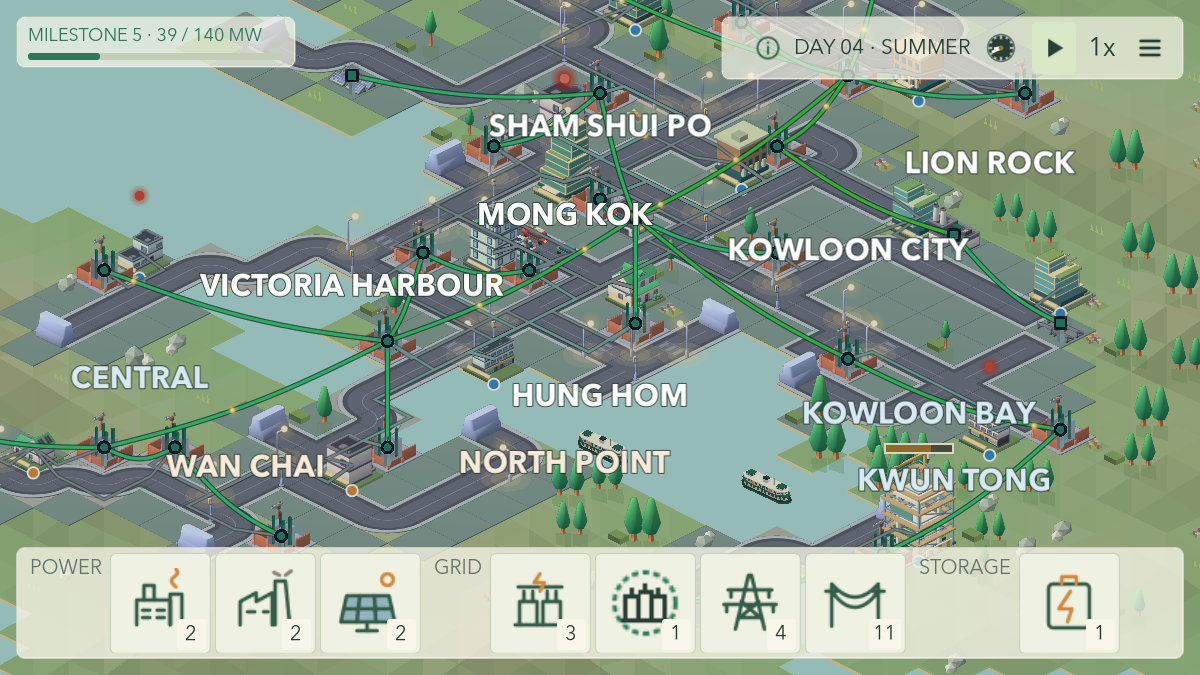 Wattcraft gameplay showing power lines spanning Victoria Harbour between Hong Kong Island and Kowloon